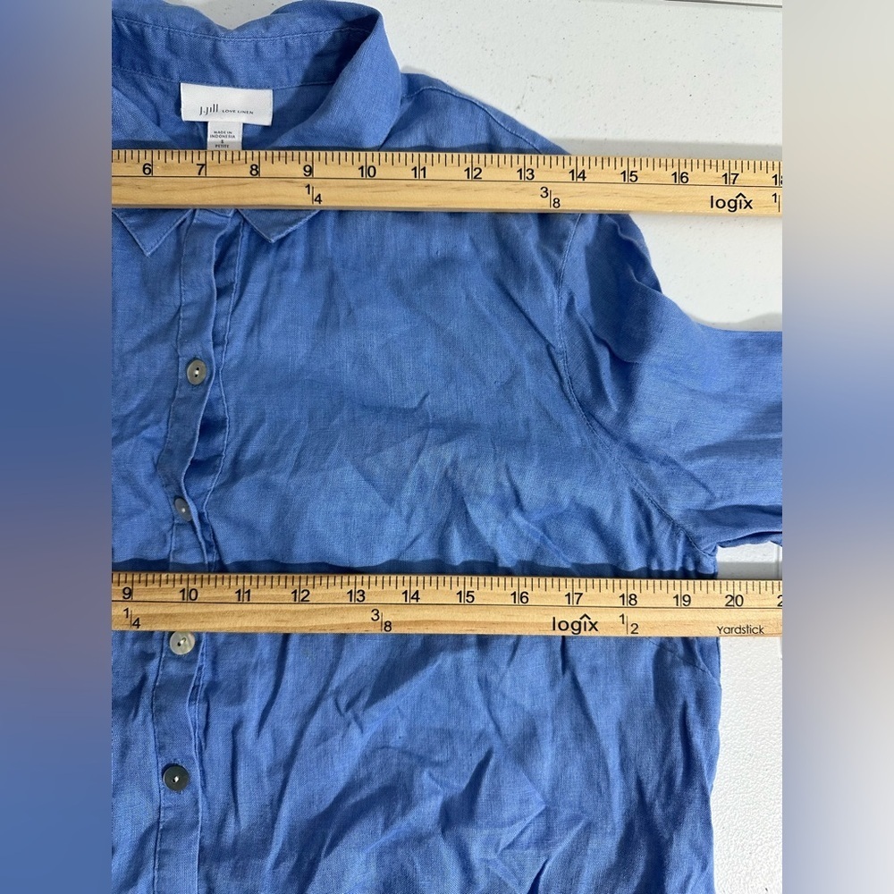 J Jill Love Linen Sz S Petite Blue Half Button Tunic With Side Pockets Roll Tab - Picture 10 of 12